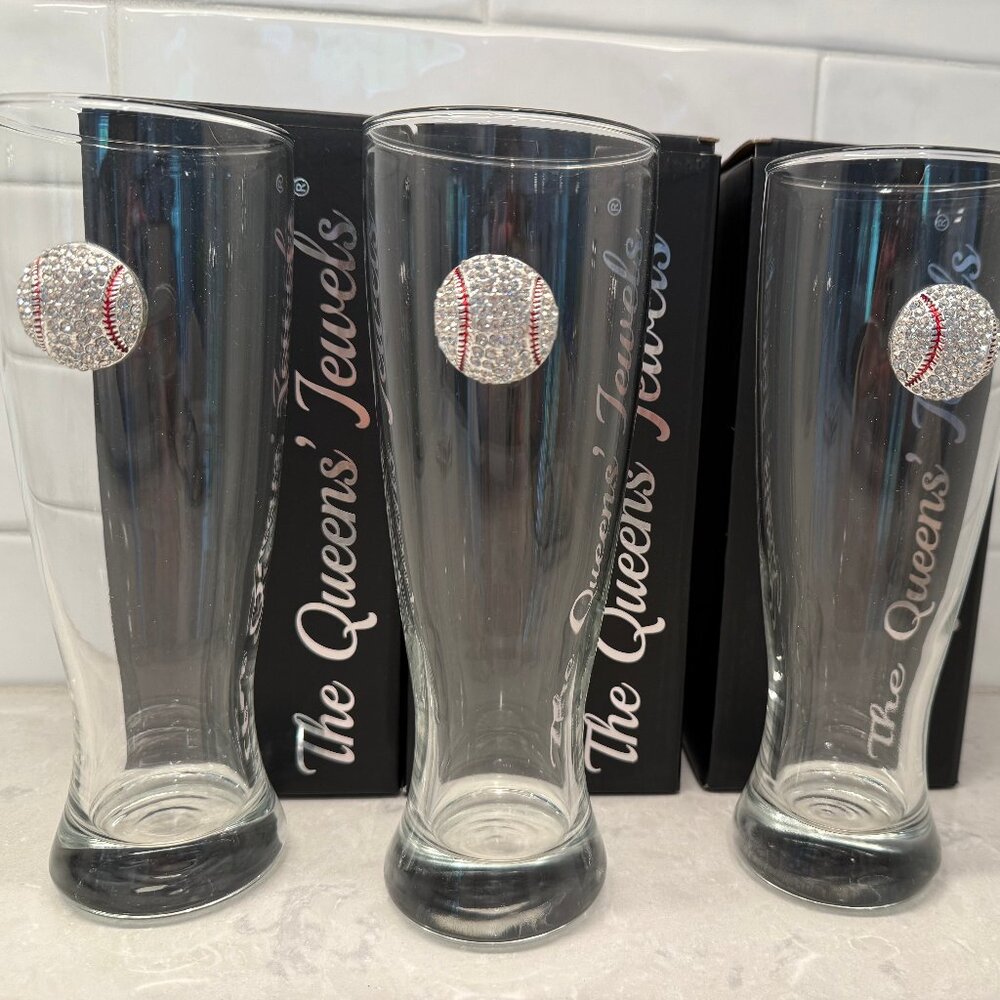 The Queens' Jewels Baseball Rhinestone Jewel Pilsner Glass - Set of 3 - NEW